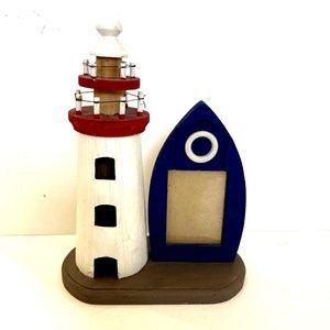 Beach Wood Lighthouse Red White & Boat Blue Wood Frame Ocean Holds 4x3in